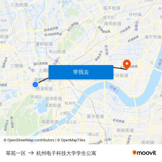 翠苑一区 to 杭州电子科技大学学生公寓 map