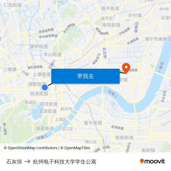 石灰坝 to 杭州电子科技大学学生公寓 map