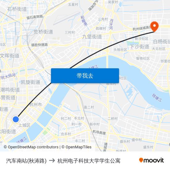 汽车南站(秋涛路) to 杭州电子科技大学学生公寓 map