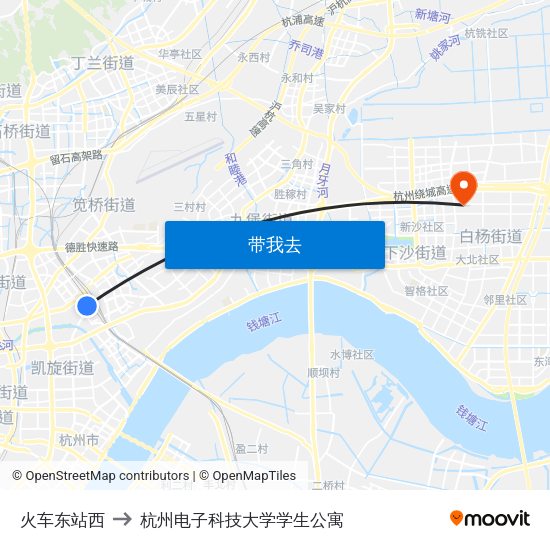 火车东站西 to 杭州电子科技大学学生公寓 map