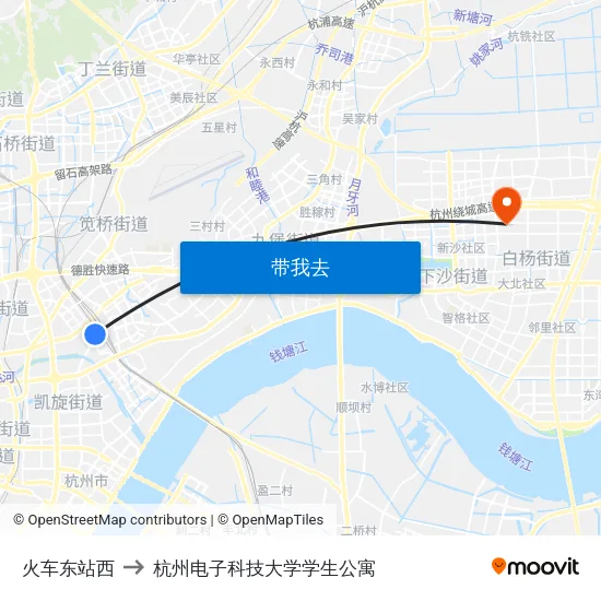 火车东站西 to 杭州电子科技大学学生公寓 map