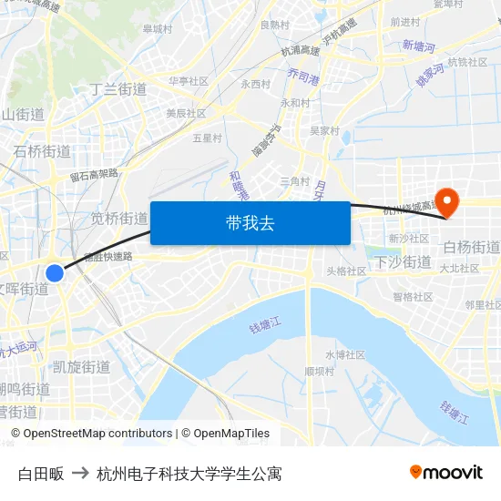 白田畈 to 杭州电子科技大学学生公寓 map