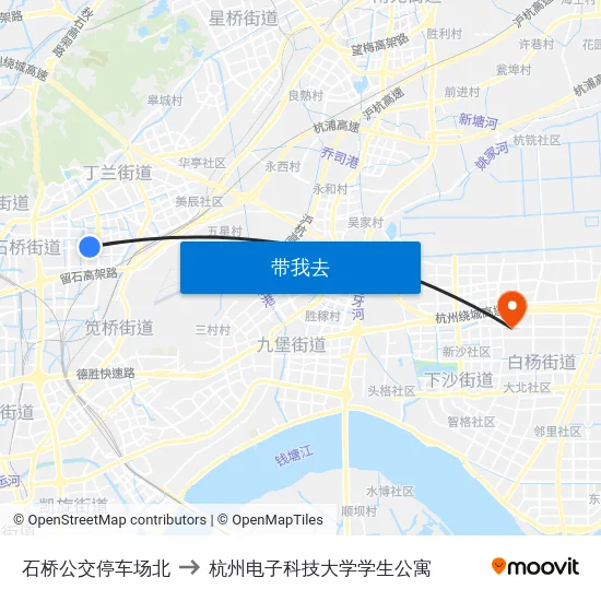 石桥公交停车场北 to 杭州电子科技大学学生公寓 map