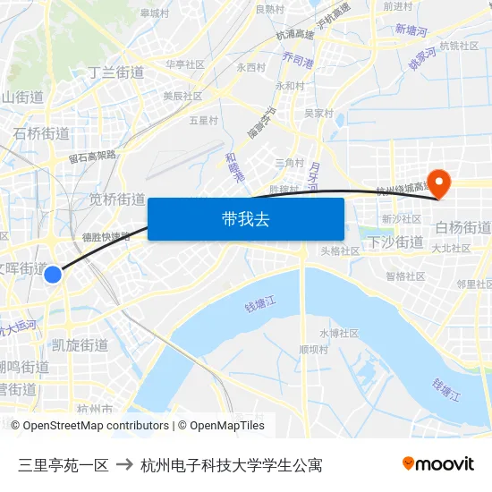 三里亭苑一区 to 杭州电子科技大学学生公寓 map