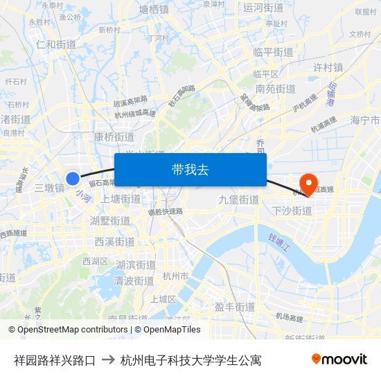 祥园路祥兴路口 to 杭州电子科技大学学生公寓 map