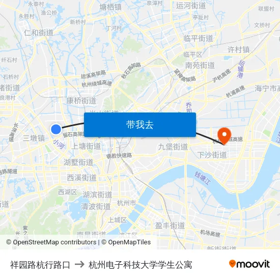 祥园路杭行路口 to 杭州电子科技大学学生公寓 map