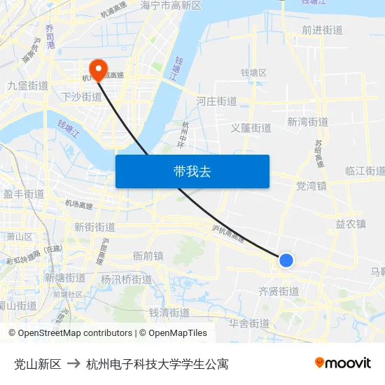 党山新区 to 杭州电子科技大学学生公寓 map