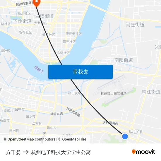 方千娄 to 杭州电子科技大学学生公寓 map