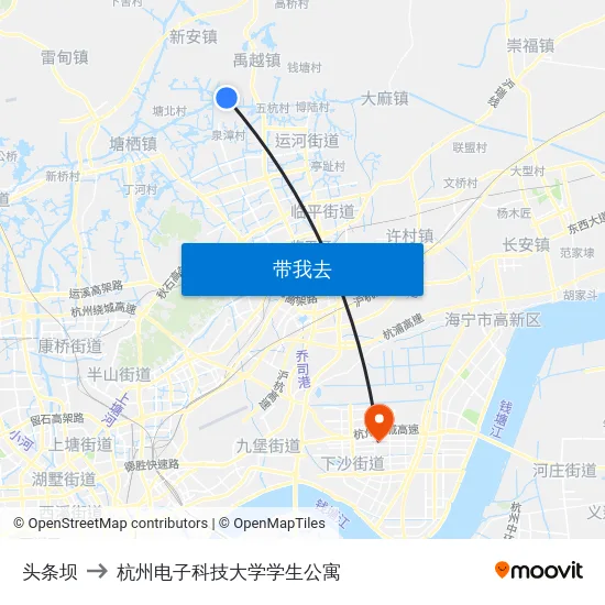 头条坝 to 杭州电子科技大学学生公寓 map