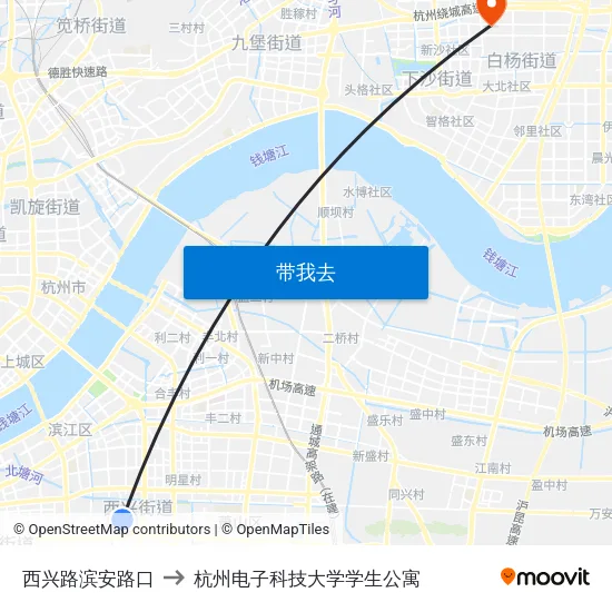 西兴路滨安路口 to 杭州电子科技大学学生公寓 map
