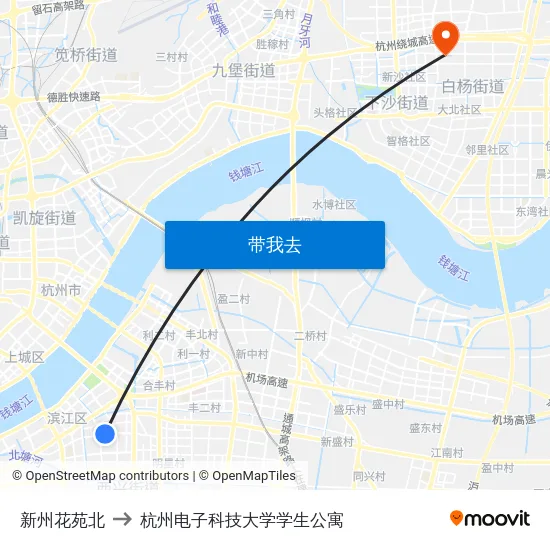 新州花苑北 to 杭州电子科技大学学生公寓 map