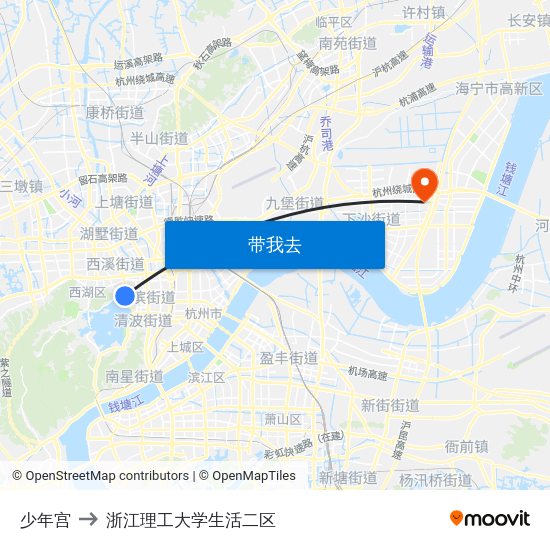 少年宫 to 浙江理工大学生活二区 map