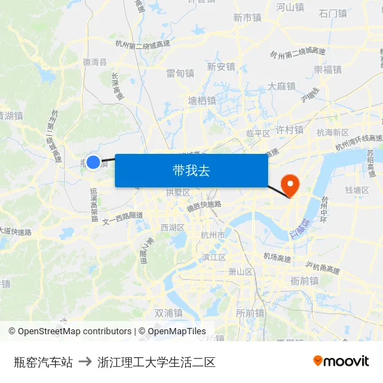 瓶窑汽车站 to 浙江理工大学生活二区 map