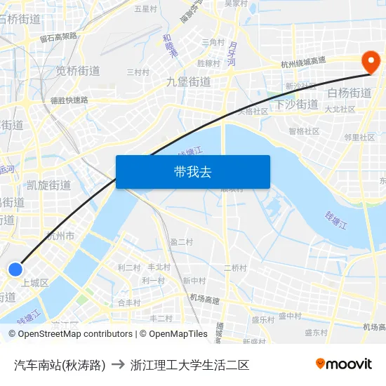 汽车南站(秋涛路) to 浙江理工大学生活二区 map
