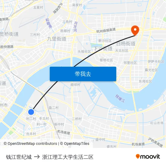 钱江世纪城 to 浙江理工大学生活二区 map