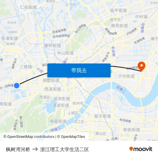 枫树湾河桥 to 浙江理工大学生活二区 map