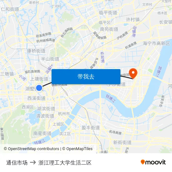 通信市场 to 浙江理工大学生活二区 map