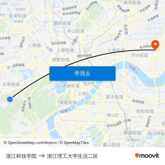 浙江科技学院 to 浙江理工大学生活二区 map