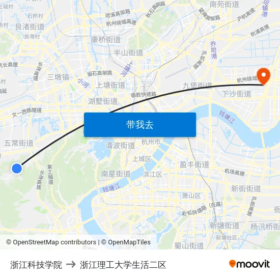 浙江科技学院 to 浙江理工大学生活二区 map