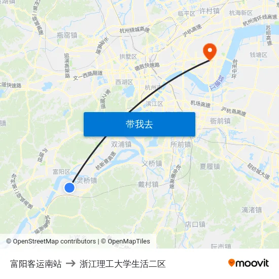 富阳客运南站 to 浙江理工大学生活二区 map