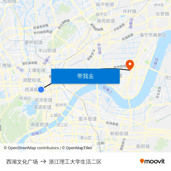 西湖文化广场 to 浙江理工大学生活二区 map