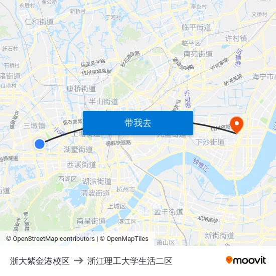 浙大紫金港校区 to 浙江理工大学生活二区 map
