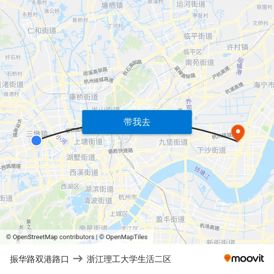 振华路双港路口 to 浙江理工大学生活二区 map
