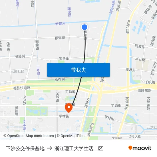 下沙公交停保基地 to 浙江理工大学生活二区 map