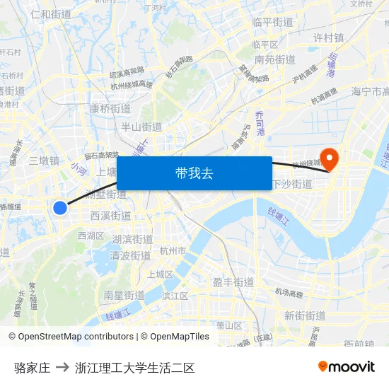 骆家庄 to 浙江理工大学生活二区 map