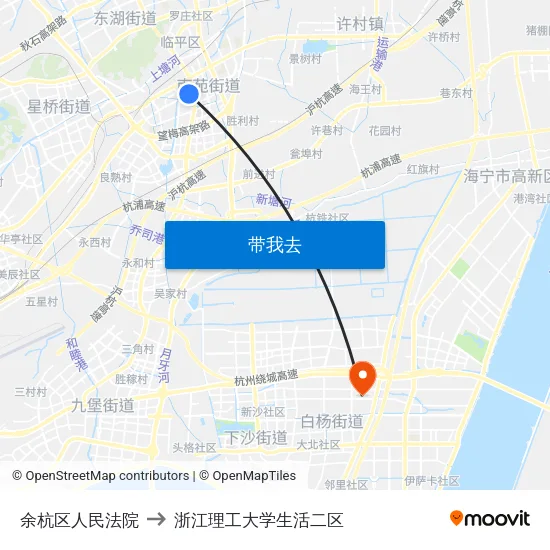 余杭区人民法院 to 浙江理工大学生活二区 map