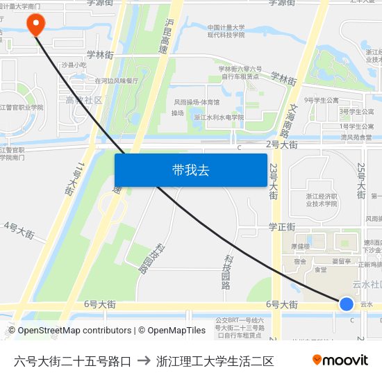 六号大街二十五号路口 to 浙江理工大学生活二区 map