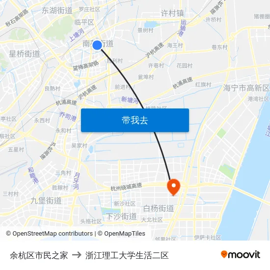 余杭区市民之家 to 浙江理工大学生活二区 map