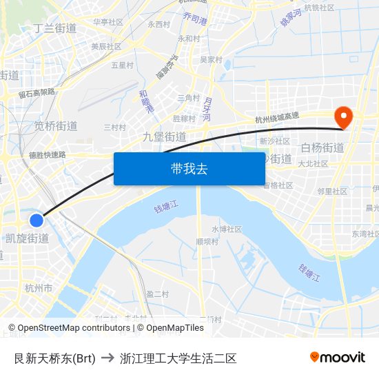 艮新天桥东(Brt) to 浙江理工大学生活二区 map