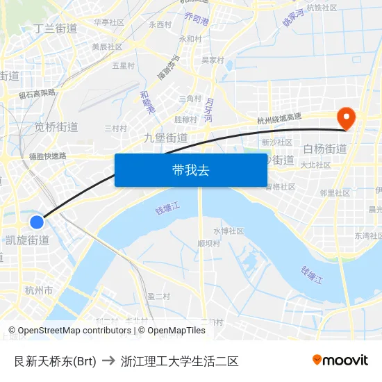 艮新天桥东(Brt) to 浙江理工大学生活二区 map