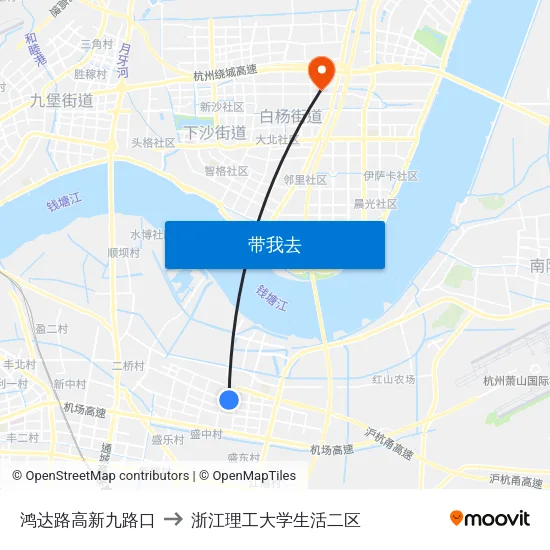鸿达路高新九路口 to 浙江理工大学生活二区 map