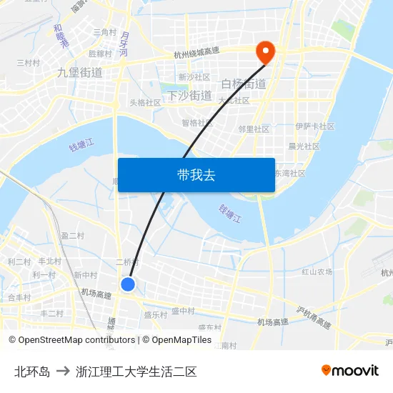 北环岛 to 浙江理工大学生活二区 map