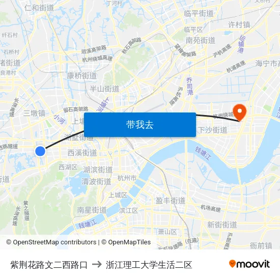 紫荆花路文二西路口 to 浙江理工大学生活二区 map