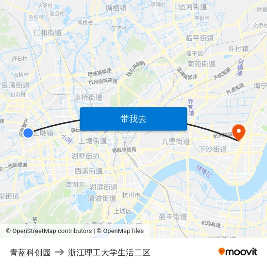 青蓝科创园 to 浙江理工大学生活二区 map