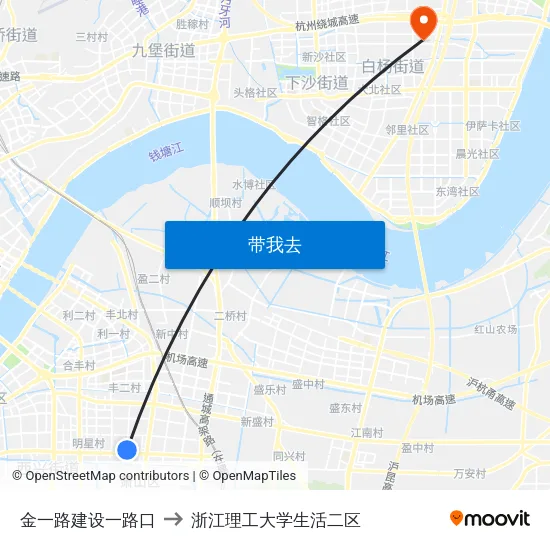 金一路建设一路口 to 浙江理工大学生活二区 map