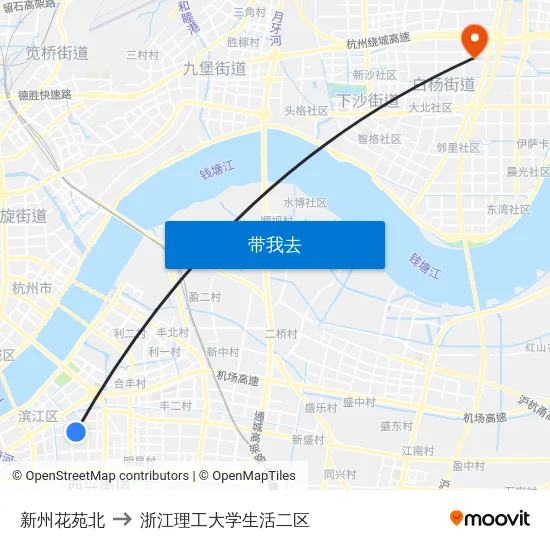 新州花苑北 to 浙江理工大学生活二区 map