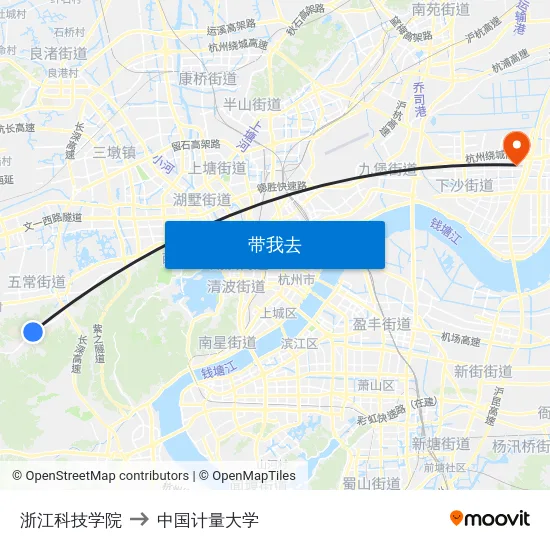 浙江科技学院 to 中国计量大学 map