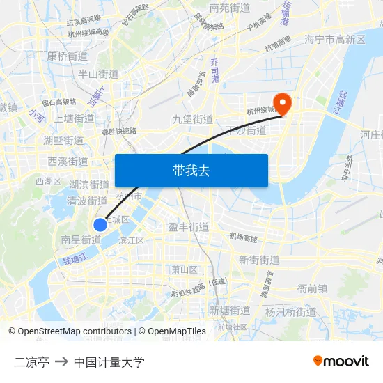 二凉亭 to 中国计量大学 map