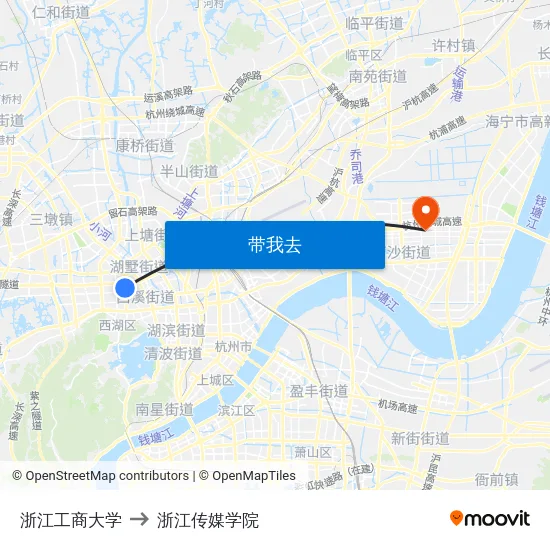 浙江工商大学 to 浙江传媒学院 map