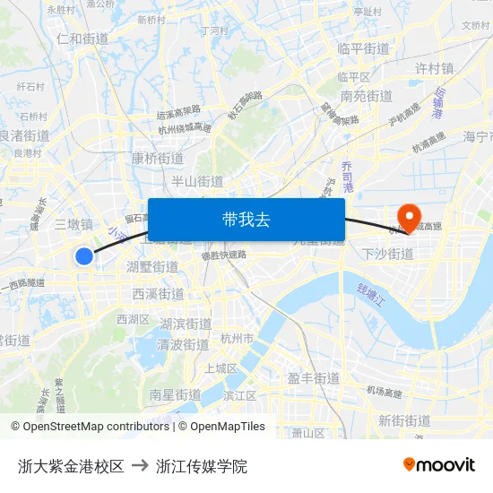 浙大紫金港校区 to 浙江传媒学院 map