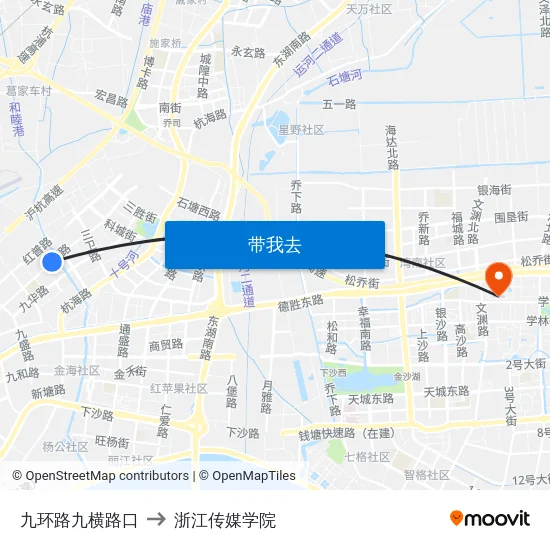 九环路九横路口 to 浙江传媒学院 map