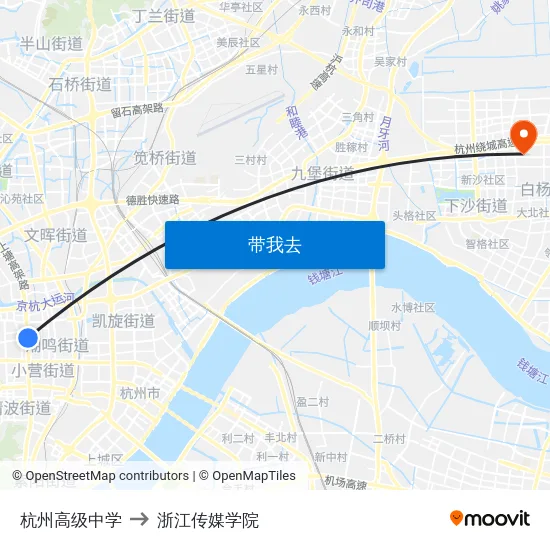 杭州高级中学 to 浙江传媒学院 map