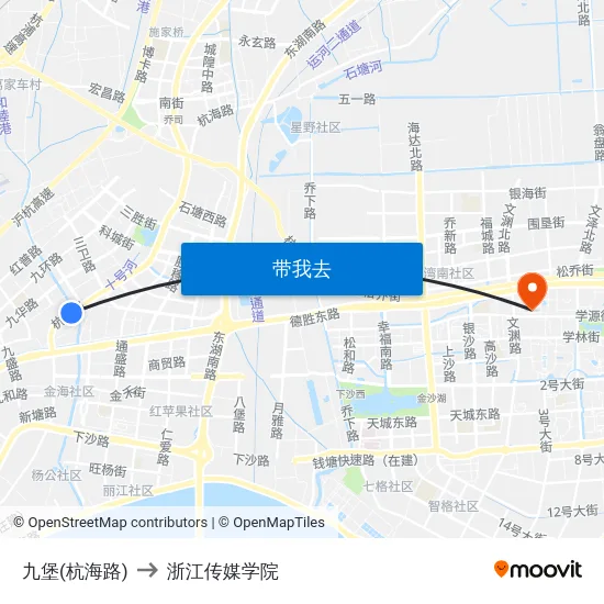 九堡(杭海路) to 浙江传媒学院 map