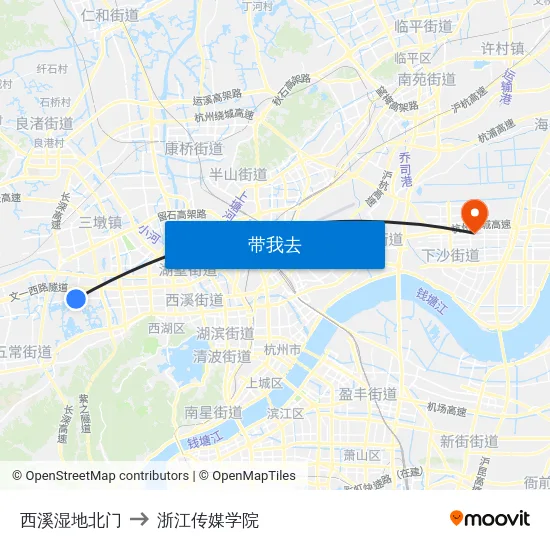 西溪湿地北门 to 浙江传媒学院 map