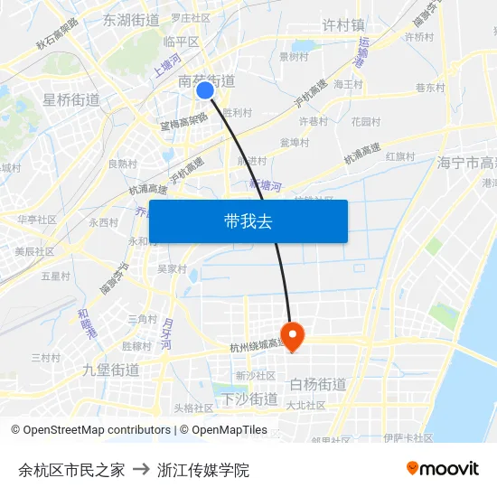 余杭区市民之家 to 浙江传媒学院 map