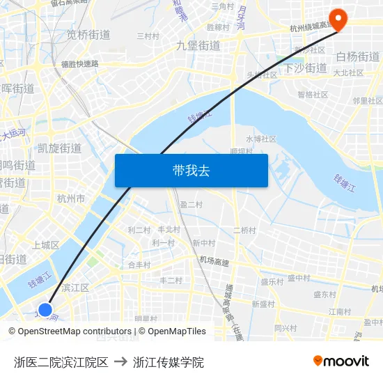 浙医二院滨江院区 to 浙江传媒学院 map